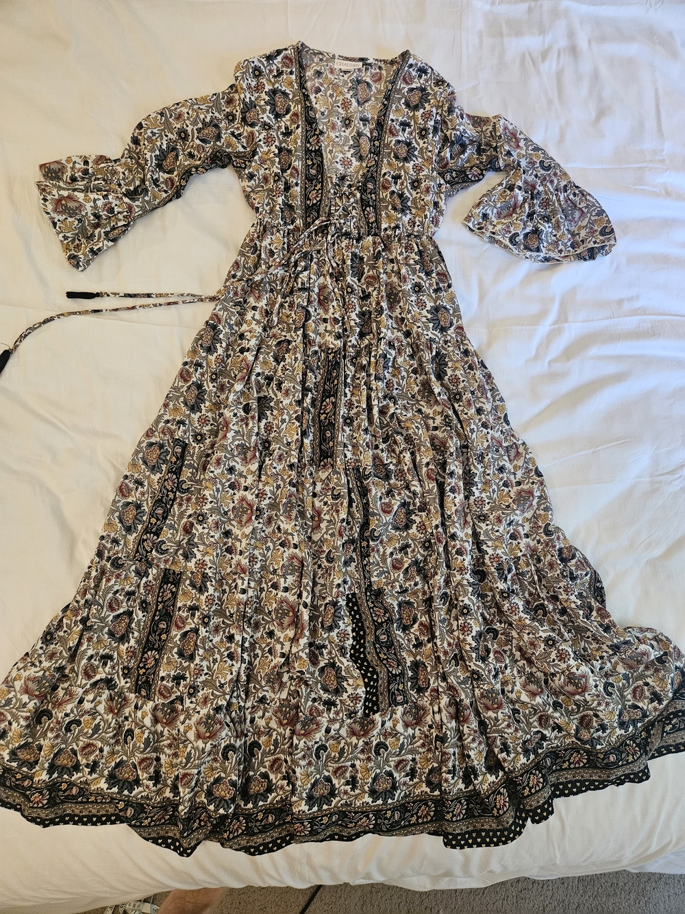 Chaudry Bohemian Boho Floral Tiered Maxi Dress S/M India Long Sleeve NWOT